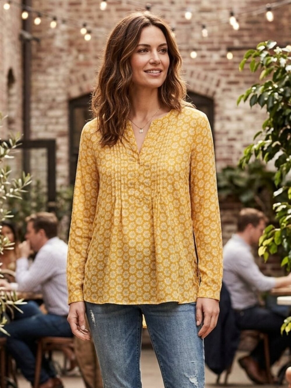 Banana Republic Yellow Geometric Floral Long Sleeve Blouse SIZE SMALL